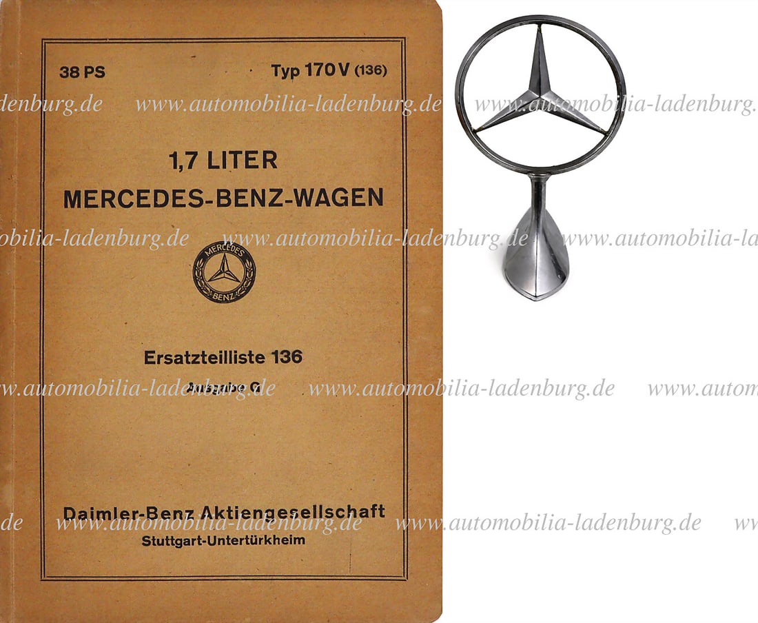 MERCEDES-BENZ 1936-1942, mixed lot 2 pcs. including radiator star with shuttle, for 170 H / 170 V: MERCEDES-BENZ 1936-1942, mixed lot 2 pcs. including radiator star with shuttle, for 170 H / 170 V export, as well as spare parts list 136, issue G for type 170 V, one star tip slightly loose German De
