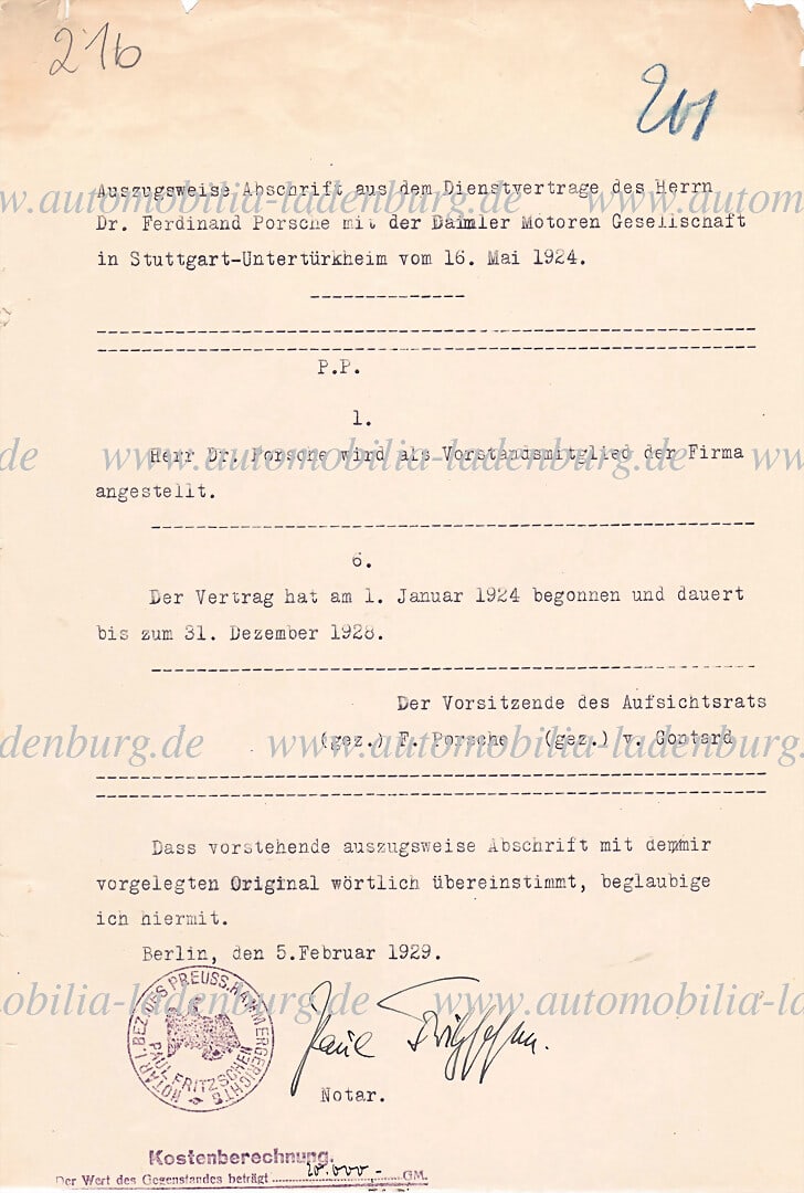 MERCEDES BENZ February 5, 1929, "Excerpt from the employment contract of Dr. Ferdinand Porsche with (1 of 3)