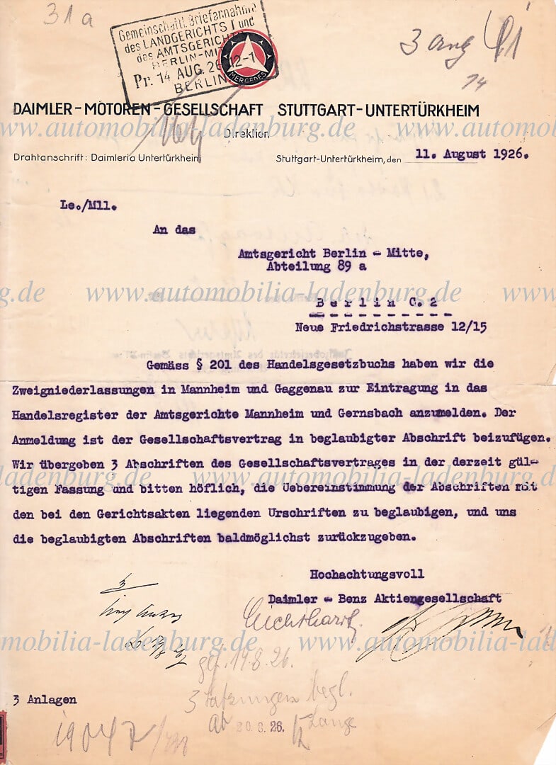 DAIMLER MOTORS COMPANY August 11, 1926, signed letter to the Berline Mitte district court, (1 of 2)