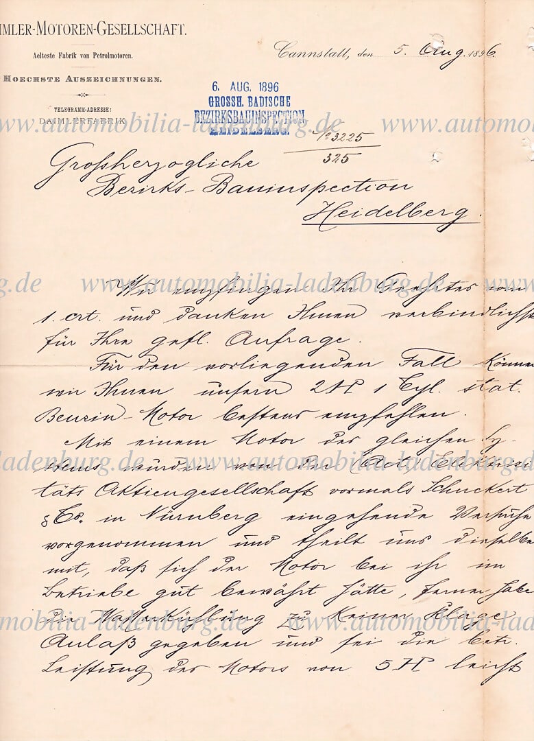 DAIMLER MOTORS COMPANY Cannstatt, August 5, 1896, 3 pages signed offer letter to the "GroÃŸ (1 of 4)