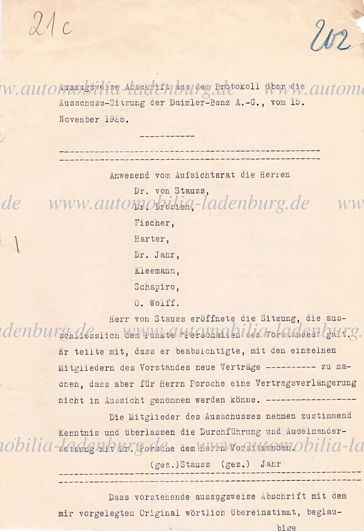 MERCEDES BENZ November 15, 1928, two-page excerpt from the minutes of the committee meeting of (1 of 4)