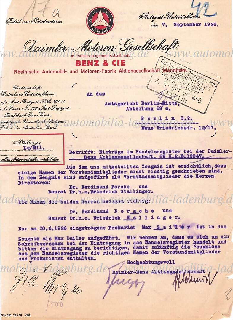 MERCEDES BENZ September 7, 1926, letter to the Berlin Mitte district court, subject "Entries in the (1 of 3)