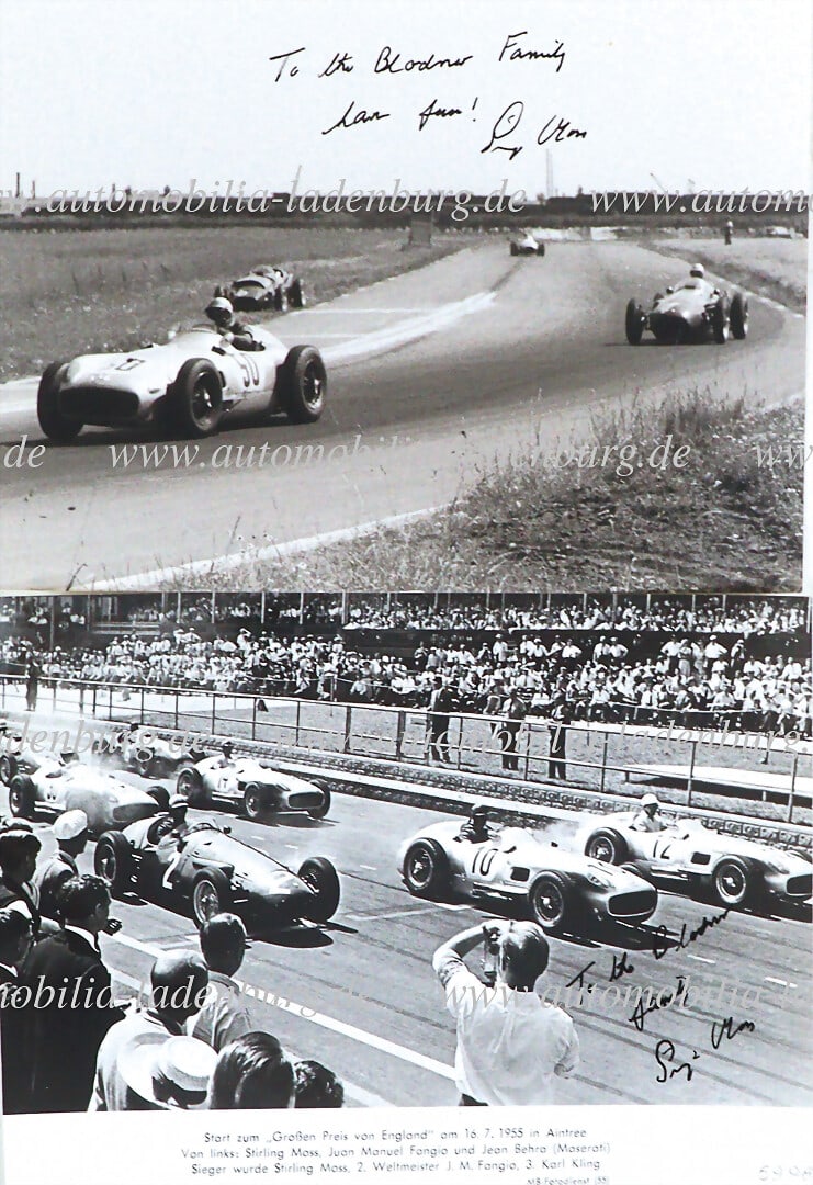 MERCEDES-BENZ Mixed lot of 2 hand-signed b/w photographs Stirling Moss, with dedication, 13x18cm (1 of 2)