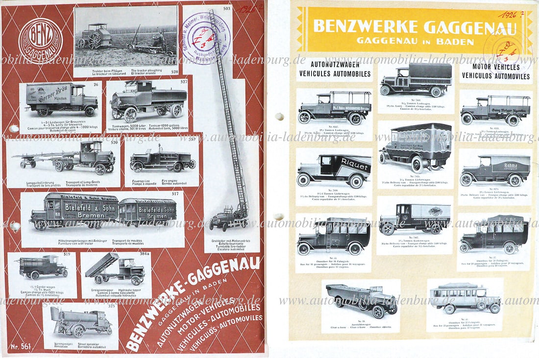 BENZ & CIE c. 1924, mixed lot of two brochures, model program "Benzwerke Gaggenau", perforated, good (1 of 1)