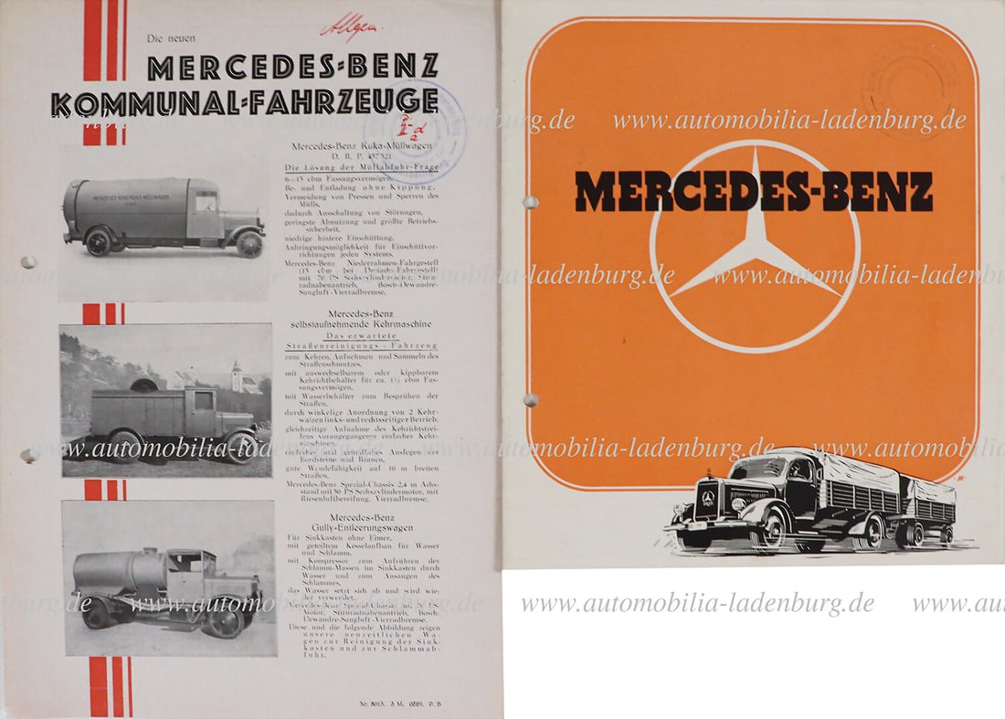 MERCEDES BENZ 20s/30s, including 1929, sales brochure municipal vehicles, 1939 model program: MERCEDES BENZ 20s/30s, including 1929, sales brochure municipal vehicles, 1939 model program Mercedes Benz Diesel, perforated, good condition German Description MERCEDES BENZ 20er/30er Jahre, darunter