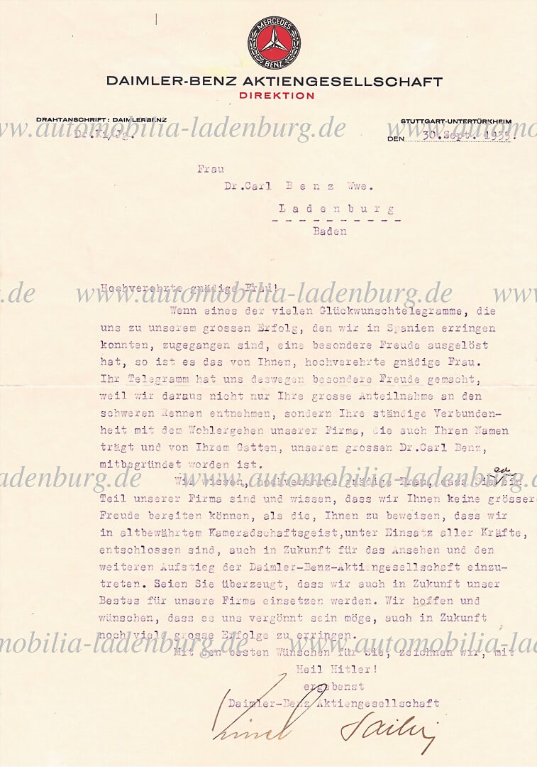 MERCEDES-BENZ 1935, signed letter from Wilhelm Kissel and Max Sailer to Bertha Benz, dated (1 of 2)