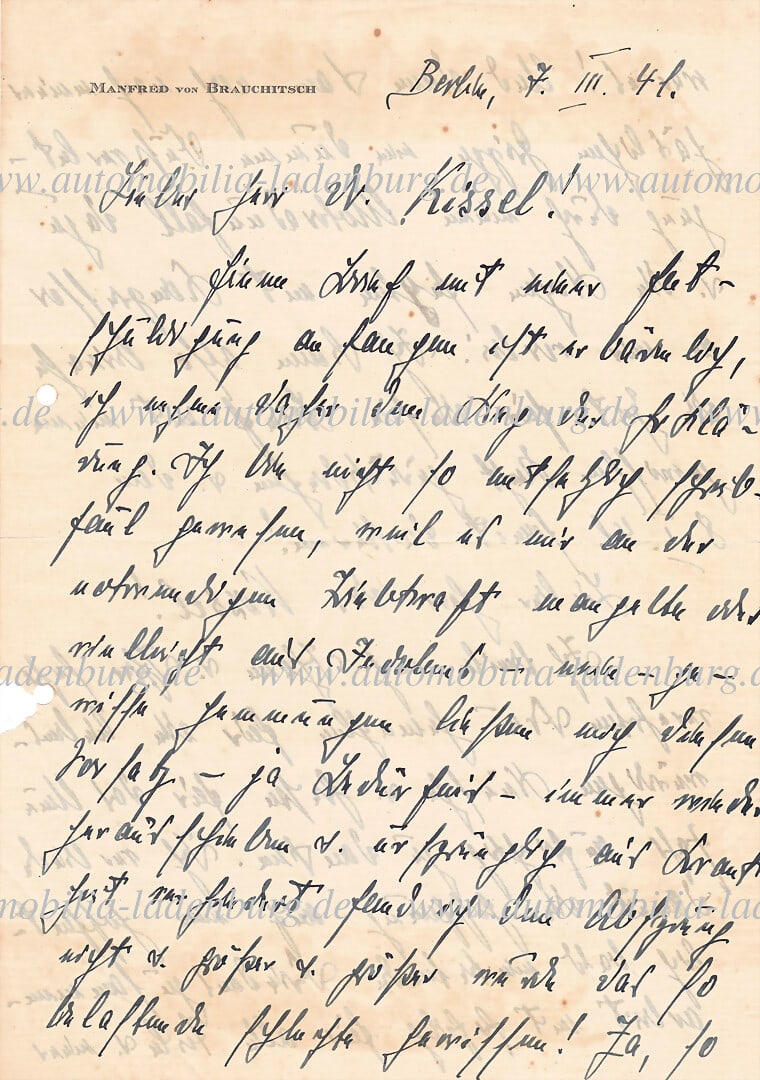 MERCEDES-BENZ 1941, handwritten letter from Manfred von Brauchitsch to Wilhelm Kissel, dated (1 of 6)