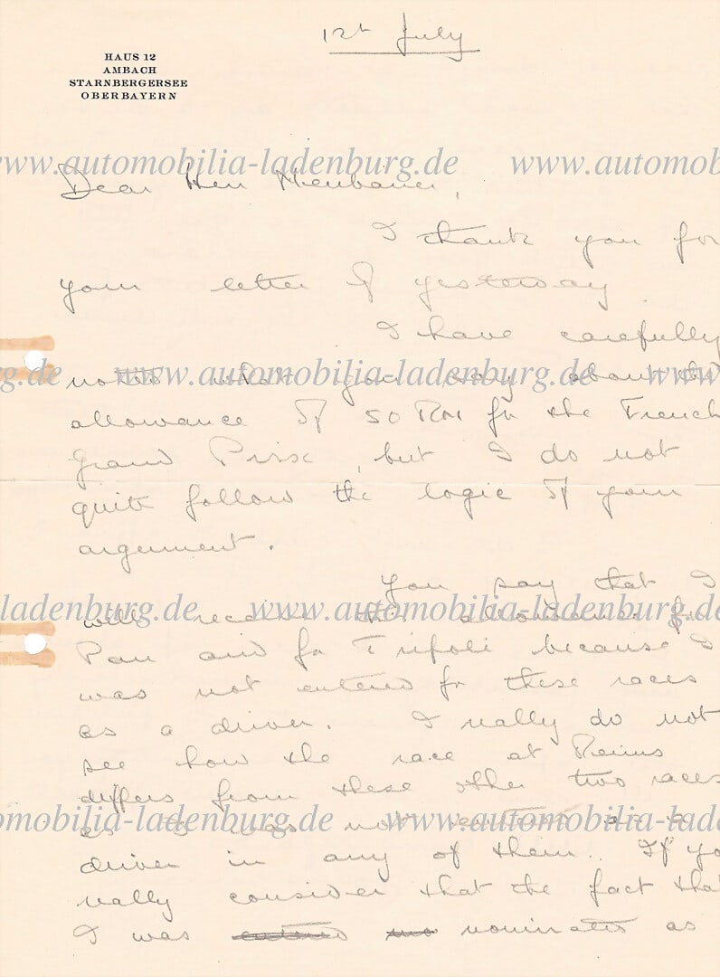 MERCEDES-BENZ Handwritten letter from Richard Seaman to Alfred Neubauer, regarding uncertainties: MERCEDES-BENZ Handwritten letter from Richard Seaman to Alfred Neubauer, regarding uncertainties about the financial fees for the race in France, he needs a final clarification. German Description MER