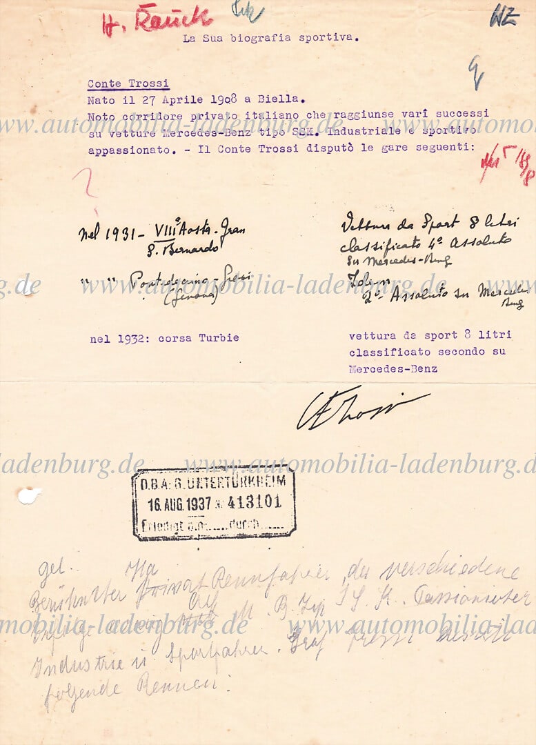 MERCEDES-BENZ 1937, signed application from Carlo Felice Trossi to Mercedes-Benz, including his (1 of 2)