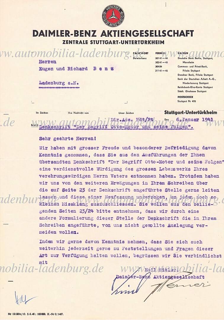 MERCEDES-BENZ 1941, hand-signed letter from Wilhelm Kissel and Werner to Eugen and Richard Benz, (1 of 2)