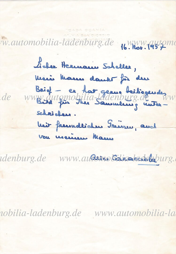 ALICE CARACCIOLA 1957, handwritten letter from Alice Caracciola to a Mr. Scheller, in which: ALICE CARACCIOLA 1957, handwritten letter from Alice Caracciola to a Mr. Scheller, in which Caracciola thanks him for the letter and mentions the signed photo enclosed for his collection German Descri
