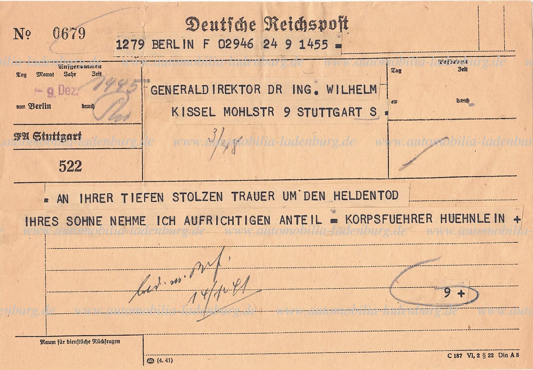 MERCEDES-BENZ 1945, telegram from Corps Commander HÃ¼hnlein to Wilhelm Kissel. "I (1 of 2)