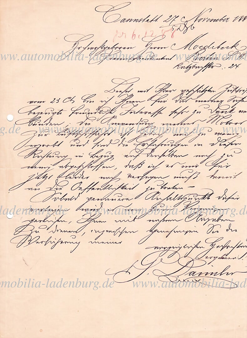 Cannstatt November 27, 1888, handwritten and signed letter from Paul Daimler, concerning air (1 of 2)