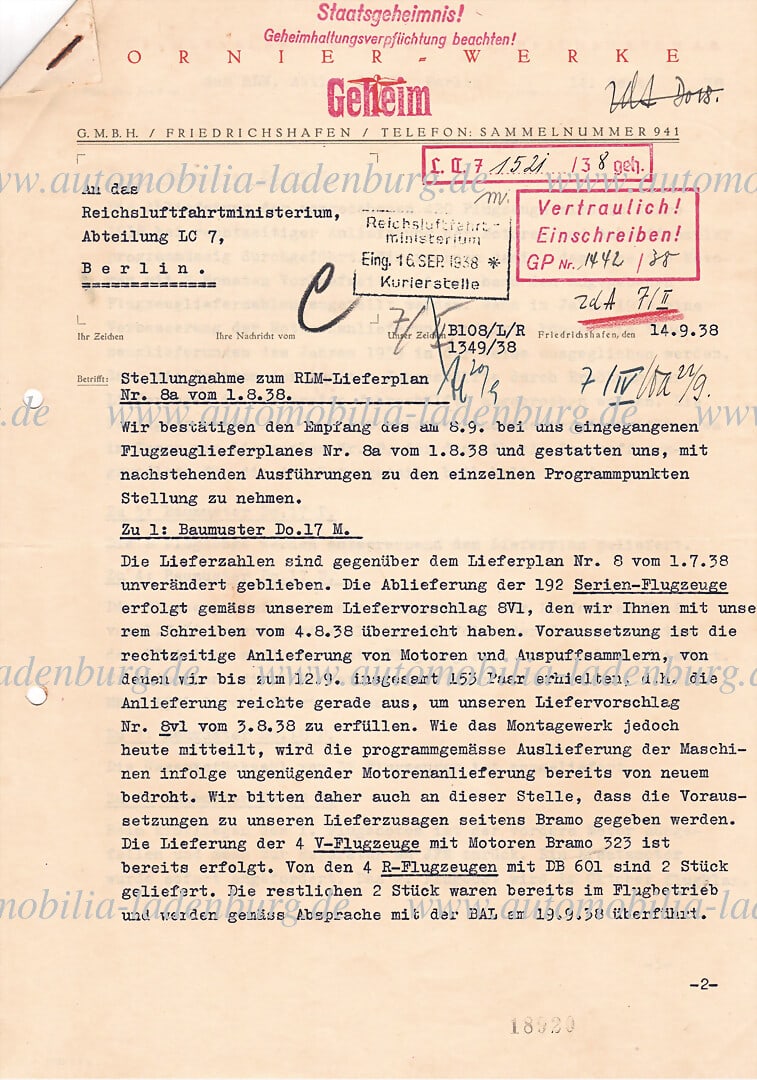 MERCEDES-BENZ 1938 & 1944, correspondence from Daimler Motoren Gesellschaft, "Ornier Werke (1 of 10)