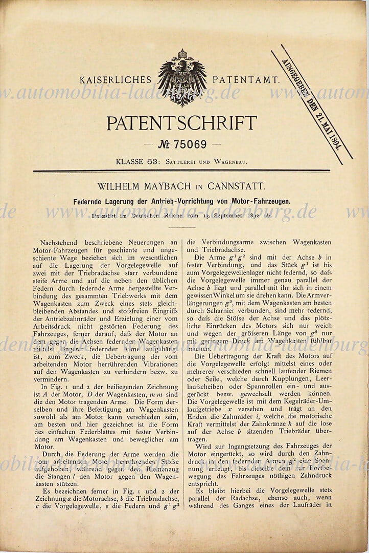 MAYBACH original patent specification "Spring-loaded mounting of the propulsion device of motorized (1 of 2)