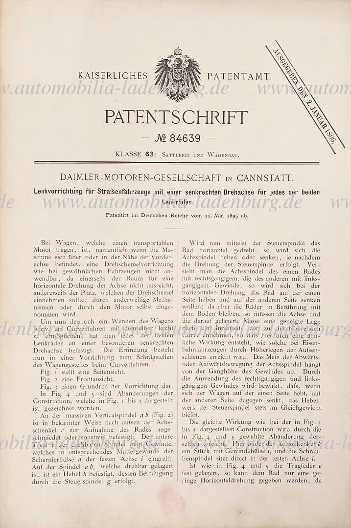 DAIMLER MOTORS COMPANY original patent specification "Steering device for road vehicles with a (1 of 2)