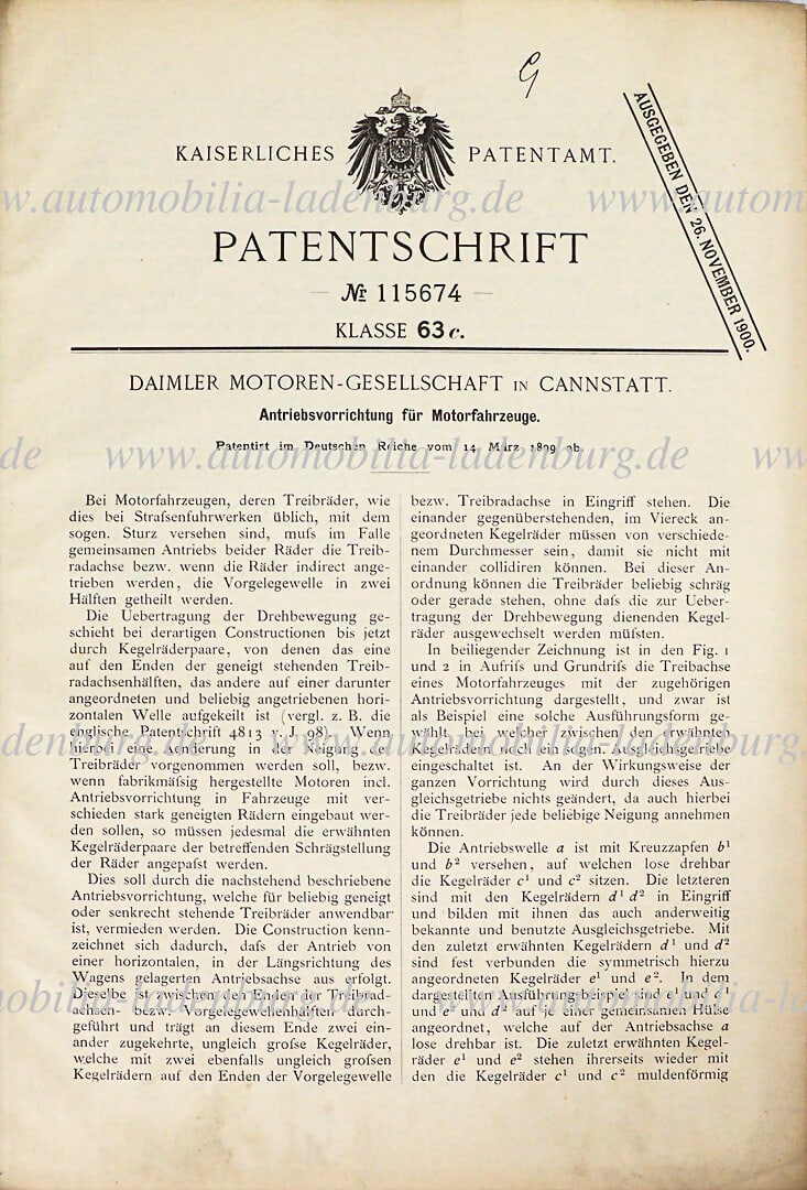 DAIMLER MOTORS COMPANY original patent specification "Drive device for motor vehicles", patent no. (1 of 2)