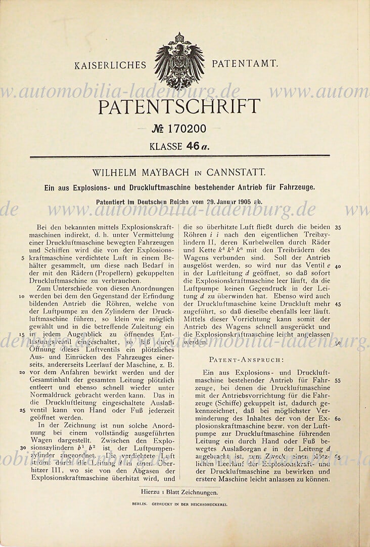 MAYBACH original patent specification "A drive consisting of an explosion and compressed air machine (1 of 2)