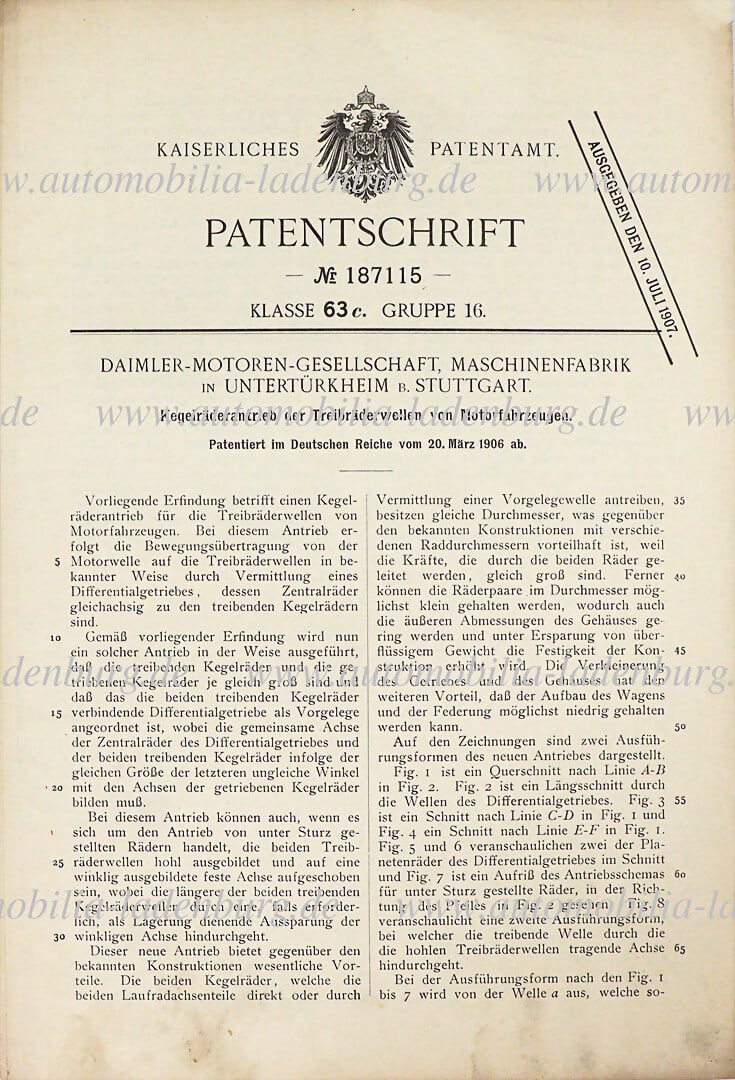 DAIMLER MOTORS COMPANY original patent specification "Bevel gear drive of the drive wheel shafts of (1 of 2)