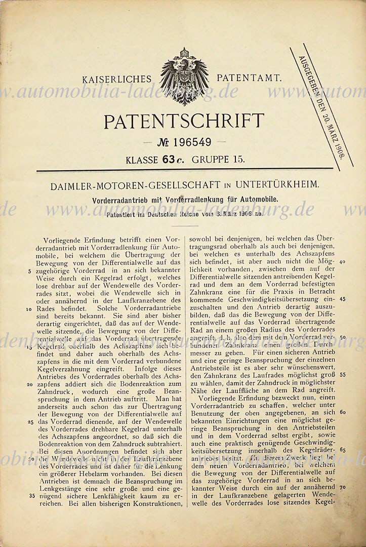 DAIMLER MOTORS COMPANY original patent specification "Front wheel drive with front wheel steering (1 of 2)