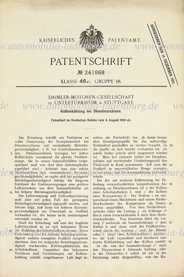 DAIMLER MOTREN COMPANY original patent specification "Piston cooling for diesel engines", patent no. (1 of 2)