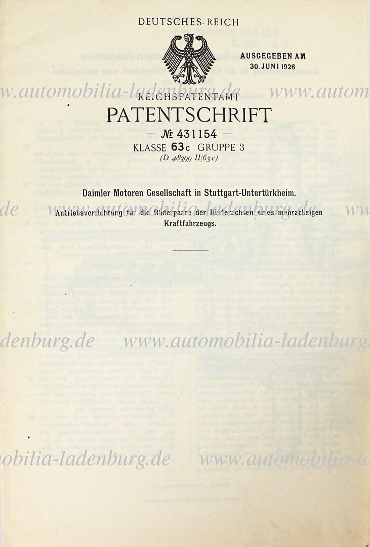 DAIMLER MOTORS COMPANY original patent specification "Drive device for the wheel pairs of the rear: DAIMLER MOTORS COMPANY original patent specification "Drive device for the wheel pairs of the rear axles of a multi-axle motor vehicle" patent no. 431154", patented July 21, 1925, issued on June 30, 1
