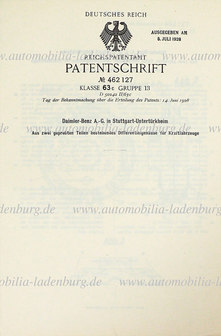 MERCEDES-BENZ original patent specification "Differential housing of motor vehicles consisting of (1 of 2)