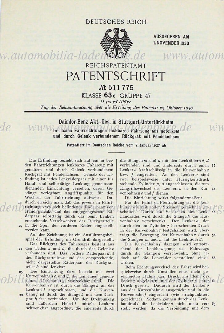 MERCEDES-BENZ original patent specification "Vehicle steerable in both directions of travel with (1 of 2)