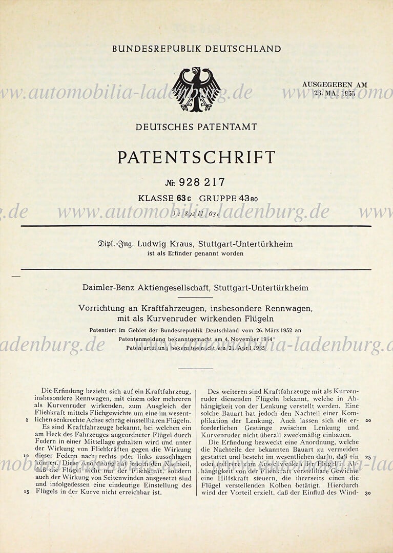 MERCEDES-BENZ original patent specification "Device on motor vehicles, in particular racing cars, (1 of 2)