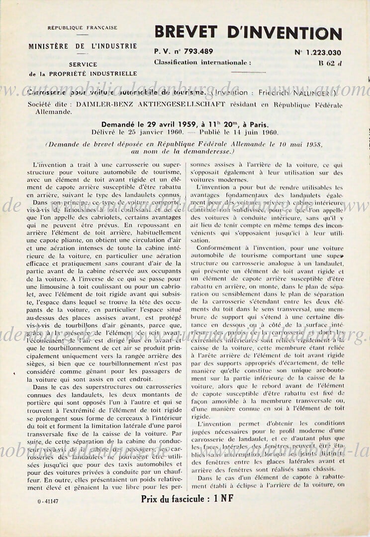 MERCEDES-BENZ original French patent specification "Carrosserie pour voiture automobile de: MERCEDES-BENZ original French patent specification "Carrosserie pour voiture automobile de tourisme", car bodies for passenger cars, patent no. 793489, patented April 29, 1959, issued January 25, 1960
