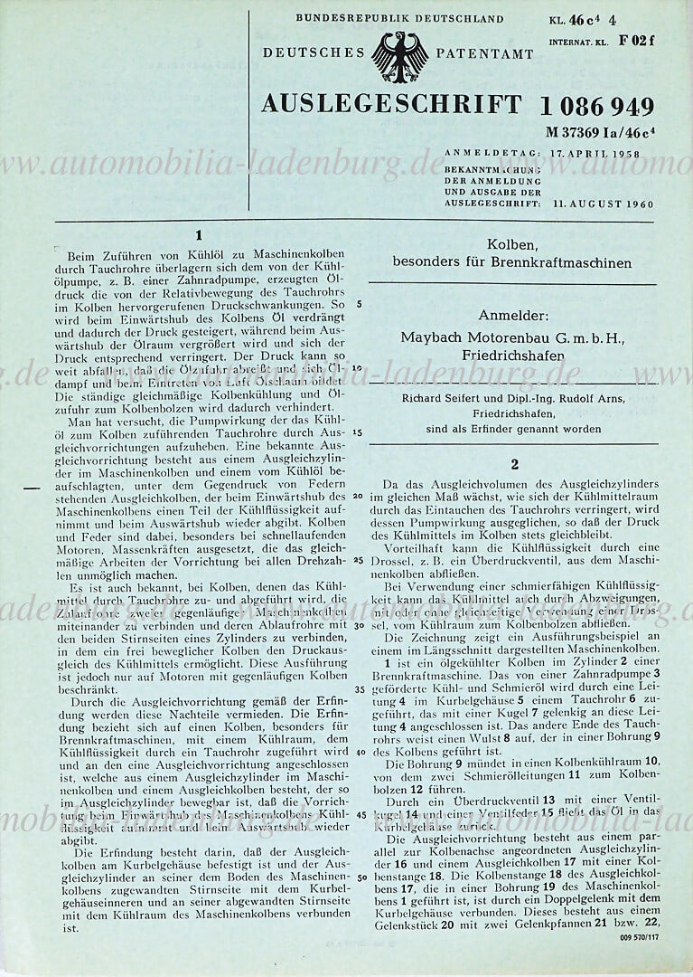 MAYBACH original patent specification "Piston especially for internal combustion engines", patent (1 of 2)