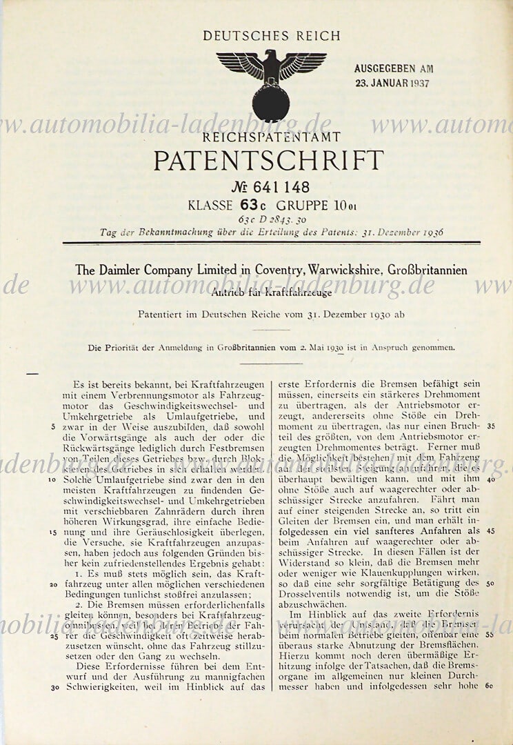 MERCEDES-BENZ original patent specification of Daimler Motor Company Coventry Warwickshire UK, (1 of 2)
