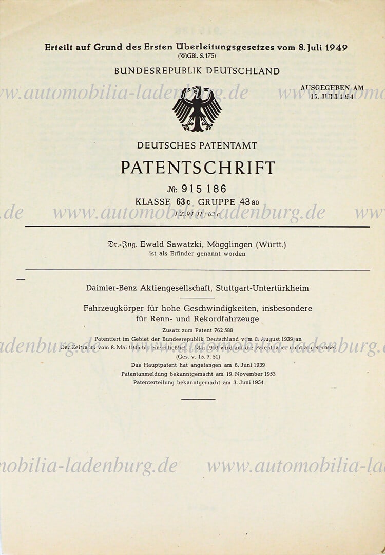 MERCEDES-BENZ original patent specification "Vehicle body for high speeds, especially racing and (1 of 2)
