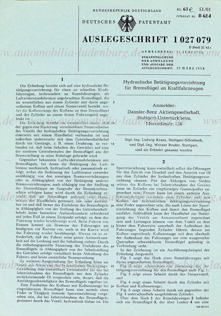 MERCEDES-BENZ June 11, 1955, original patent specification "Hydraulic actuating device for brake: MERCEDES-BENZ June 11, 1955, original patent specification "Hydraulic actuating device for brake wings on motor vehicles", patent specification no. 1027079, air brake for Mercedes Benz 300 SLR, applic