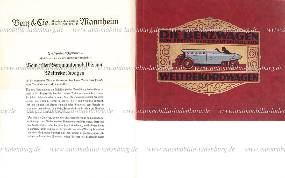 BENZ & CIE 1913, company catalog "Die Benzwagen vom ersten Benzinautomobil zum Weltrekordwagen",: BENZ & CIE 1913, company catalog "Die Benzwagen vom ersten Benzinautomobil zum Weltrekordwagen", including cover letter, very good condition German Description BENZ & CIE 1913, Firmenkatalog "Die Benz
