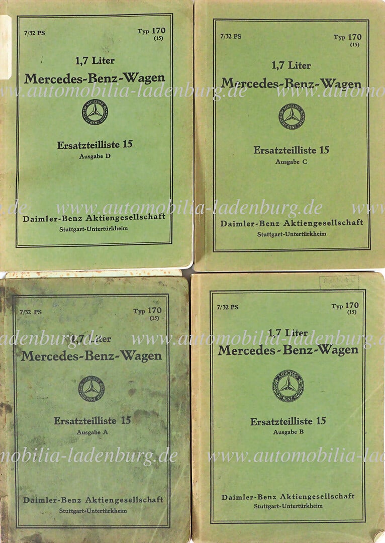 MERCEDES-BENZ 1931-1933, mixed lot of 4 spare parts lists Mercedes-Benz 1.7 liter Mercedes-Benz car (1 of 1)