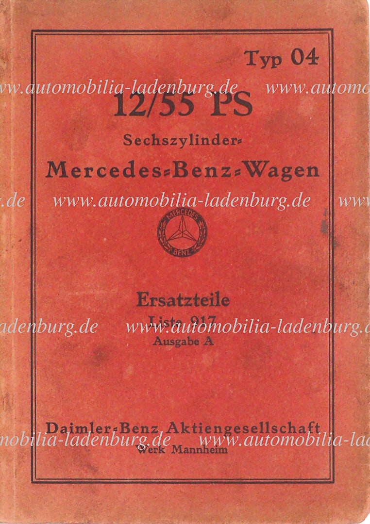 MERCEDES-BENZ 1927, spare parts list 12/55hp six-cylinder Mercedes-Benz car (type 04), issue A (list (1 of 1)