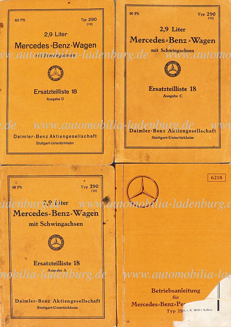 MERCEDES-BENZ mixed lot of 3 spare parts lists Mercedes-Benz 2.9 liter Mercedes-Benz car type 290, (1 of 1)