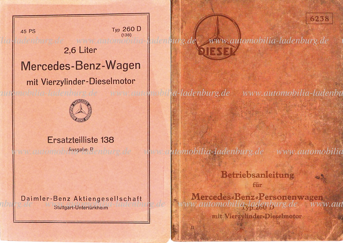 MERCEDES-BENZ 1938, mixed lot, 2 parts, among them operating instructions for Mercedes-Benz: MERCEDES-BENZ 1938, mixed lot, 2 parts, among them operating instructions for Mercedes-Benz passenger car type 260D (6238), with spare parts list type 260D, issue B, good condition German Description 