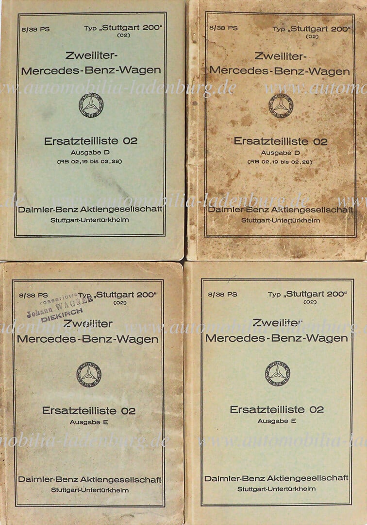 MERCEDES-BENZ 1930, mixed lot of 4 spare parts lists for two-liter Mercedes-Benz cars "Type: MERCEDES-BENZ 1930, mixed lot of 4 spare parts lists for two-liter Mercedes-Benz cars "Type Stuttgart 200", 2x issue D, 2x issue E, some with minor signs of wear on the cover German Description MERCED
