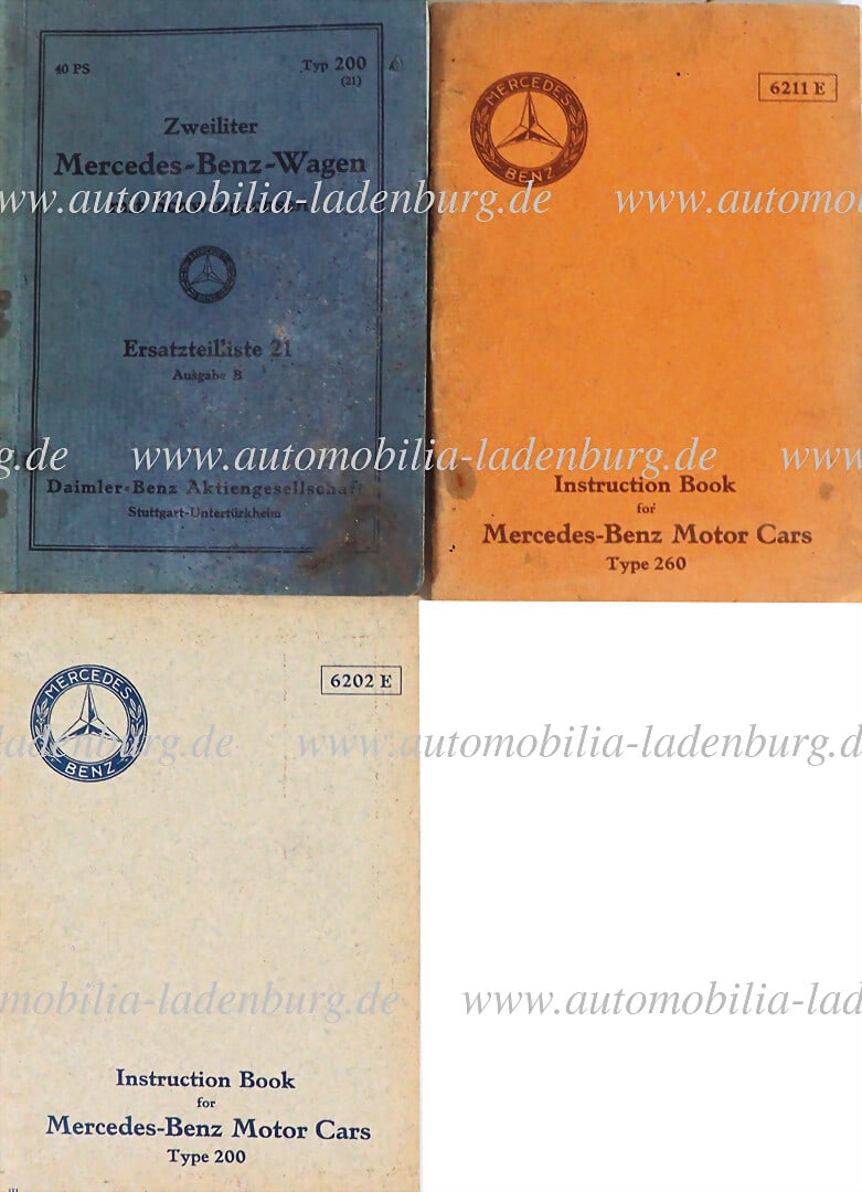 MERCEDES-BENZ Mixed lot of 3 pieces, including 1929, operating instructions Mercedes-Benz Type 260: MERCEDES-BENZ Mixed lot of 3 pieces, including 1929, operating instructions Mercedes-Benz Type 260 (6211E); 1929, operating instructions Mercedes-Benz Type 200 (6202E), English text, as well as spare 