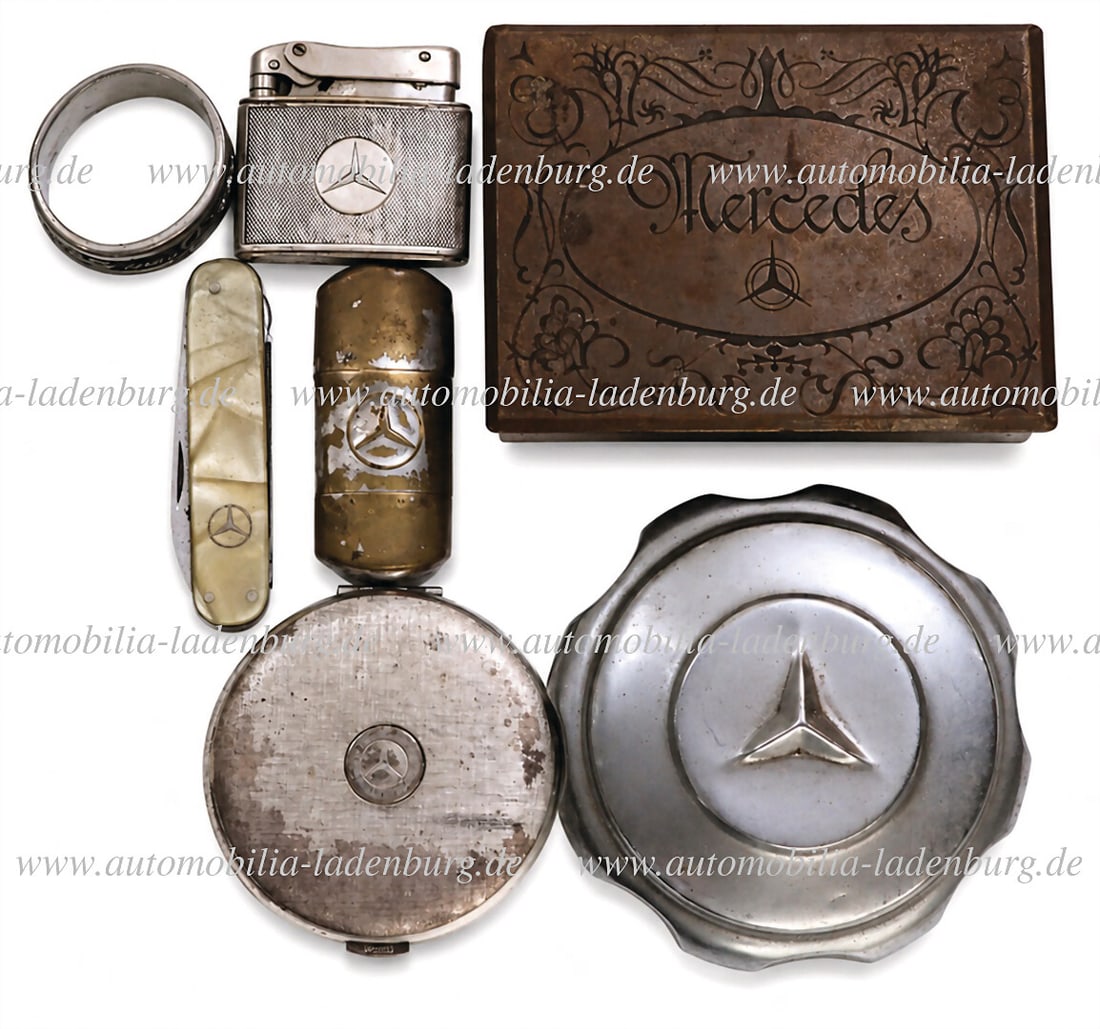 MERCEDES-BENZ Mixed lot including napkin ring 1886-1986; gas cap; 2 lighters, decorative mirror, (1 of 1)