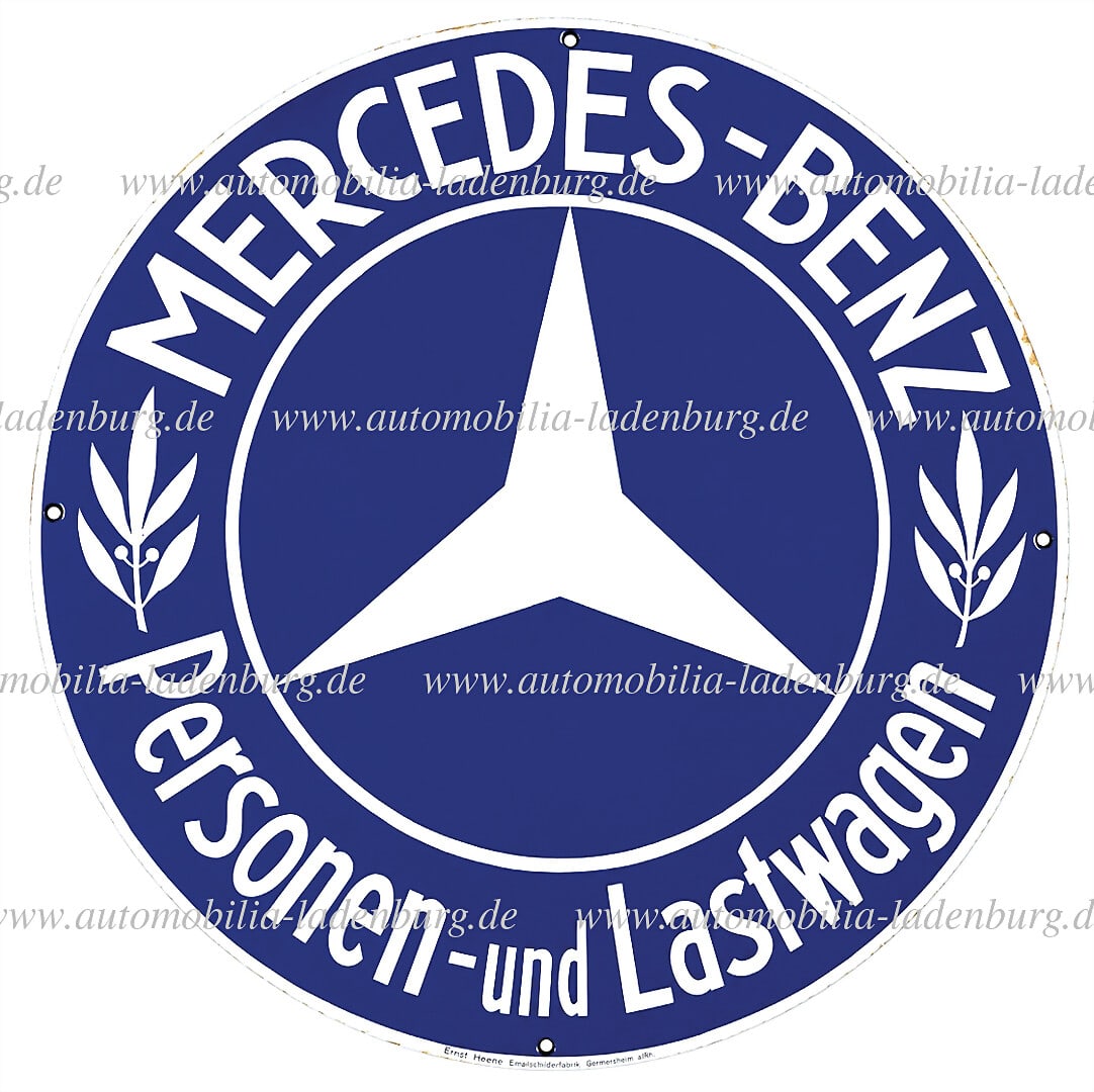 MERCEDES BENZ ca. 1955, original enamel sign (rare large version) "Mercedes Benz Personen und: MERCEDES BENZ ca. 1955, original enamel sign (rare large version) "Mercedes Benz Personen und Lastwagen", diameter 80cm, this example was produced by the small enameling factory Ernst Heene in Germers