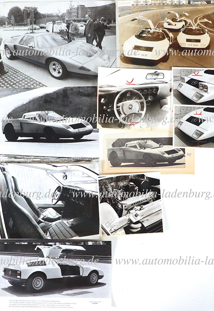 MERCEDES-BENZ Collection of 9 original b/w photos / press photos Mercedes-Benz C111, one photo of: MERCEDES-BENZ Collection of 9 original b/w photos / press photos Mercedes-Benz C111, one photo of the prototype C111 "Tarnkappe" during test drives, various formats German Description MERCEDES-BENZ Ko