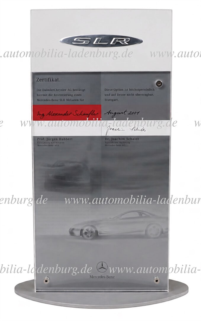 MERCEDES-BENZ / MCLAREN Desk model / certificate for the reservation of a Mercedes-Benz SLR McLaren,: MERCEDES-BENZ / MCLAREN Desk model / certificate for the reservation of a Mercedes-Benz SLR McLaren, August 2001, 35.5x17x10cm German Description MERCEDES-BENZ / MCLAREN Schreibtischmodell / Zertifika