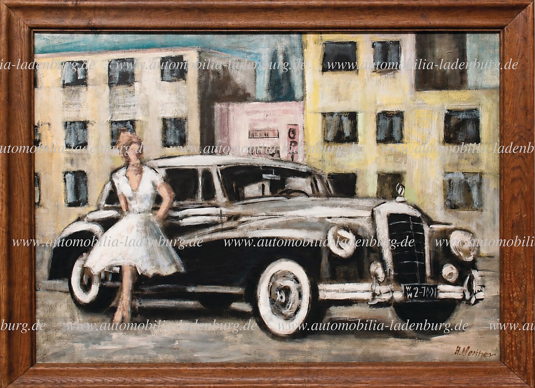 MERCEDES-BENZ large-format oil painting, depiction of a Mercedes-Benz 300 "Adenauer" against an: MERCEDES-BENZ large-format oil painting, depiction of a Mercedes-Benz 300 "Adenauer" against an urban backdrop with an elegant lady, signed lower right "H. Werner", oil/mixed media on canvas in a wide
