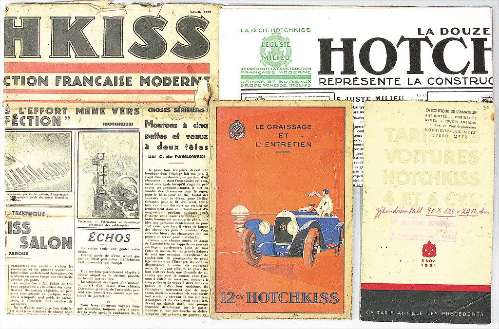 HOTCHKISS, mixed lot of 4 pieces, among them operating: HOTCHKISS, mixed lot of 4 pieces, among them operating instructions type AM/AM2, price list 4- and 6-cylinder models 1931, company magazine type 12 CH, punched, and 1 company magazine from 1930 on the