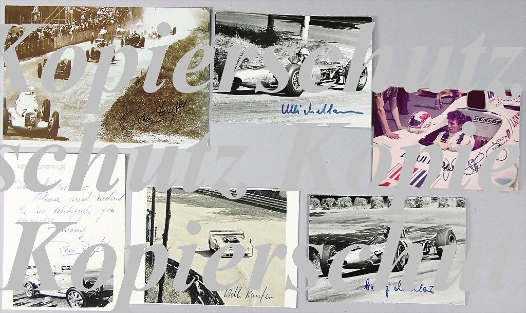 mixed lot of 6 signatures, reproduction photos,: mixed lot of 6 signatures, reproduction photos, original photos, etc.; among them Willi Kauhsen, RenÃ© Dreyfus (2x), Rolf Stommelen, Ulli Melkus, Heinz Melkus, different formats German Description K