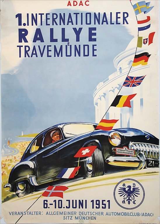 poster "1. Internationale Rallye TravemÃ¼nde" 1951,: poster "1. Internationale Rallye TravemÃ¼nde" 1951, 83.5 c 59 cm, with strong traces of usage at the edges German Description Veranstaltungsplakat "1. Internationale Rallye TravemÃ¼nde" 1951, 83,5