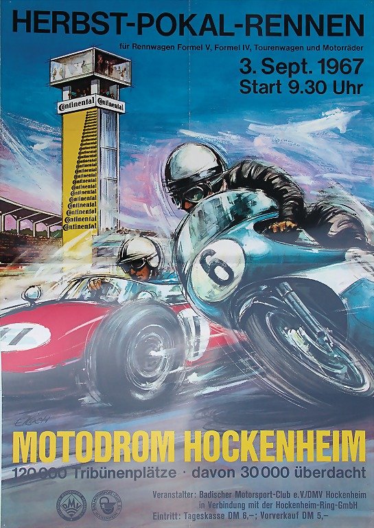 poster "Herbst-Pokal-Rennen", September 3rd, 1967,: poster "Herbst-Pokal-Rennen", September 3rd, 1967, Motodrom Hockenheim, 84 x 59 cm, with folds and traces of usage German Description Veranstaltungsplakat "Herbst-Pokal-Rennen", 3. September 1967, Mot